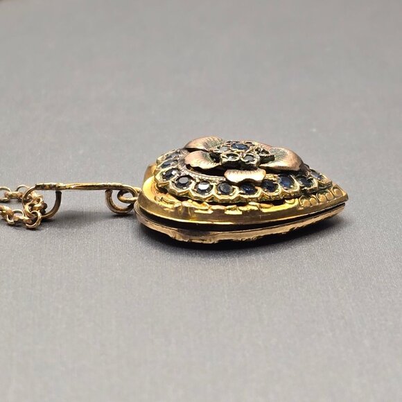 Victorian 12K Gold Filled Heart Locket Necklace Old Mine Cut Blue Paste Stones - Picture 9 of 16
